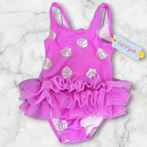 Cat & Jack Pink Seashell Ruffled Swimsuit